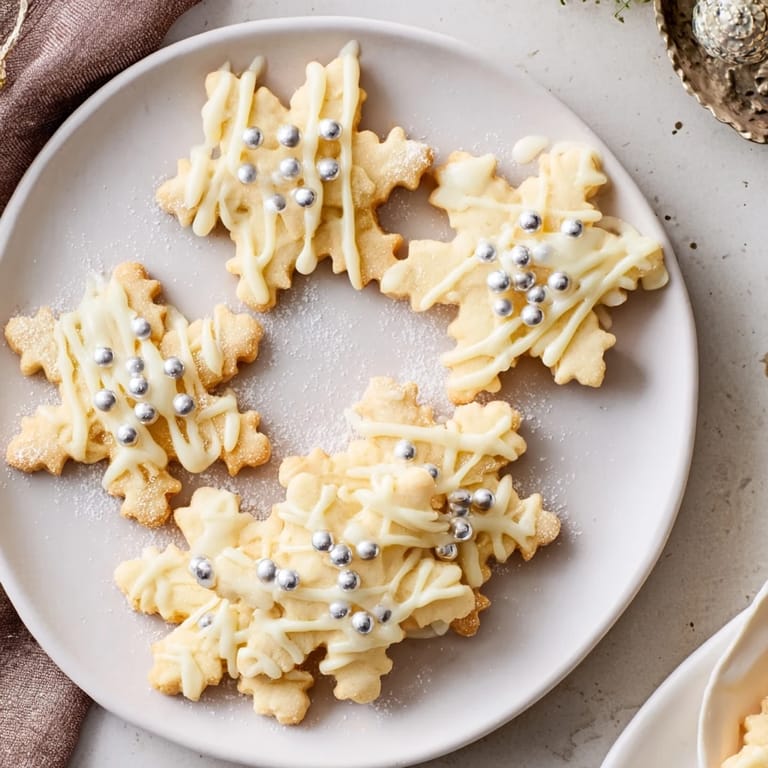 A close-up of a festive Winter Snowflake Platter, featuring freshly baked cookies dusted with powdered sugar.