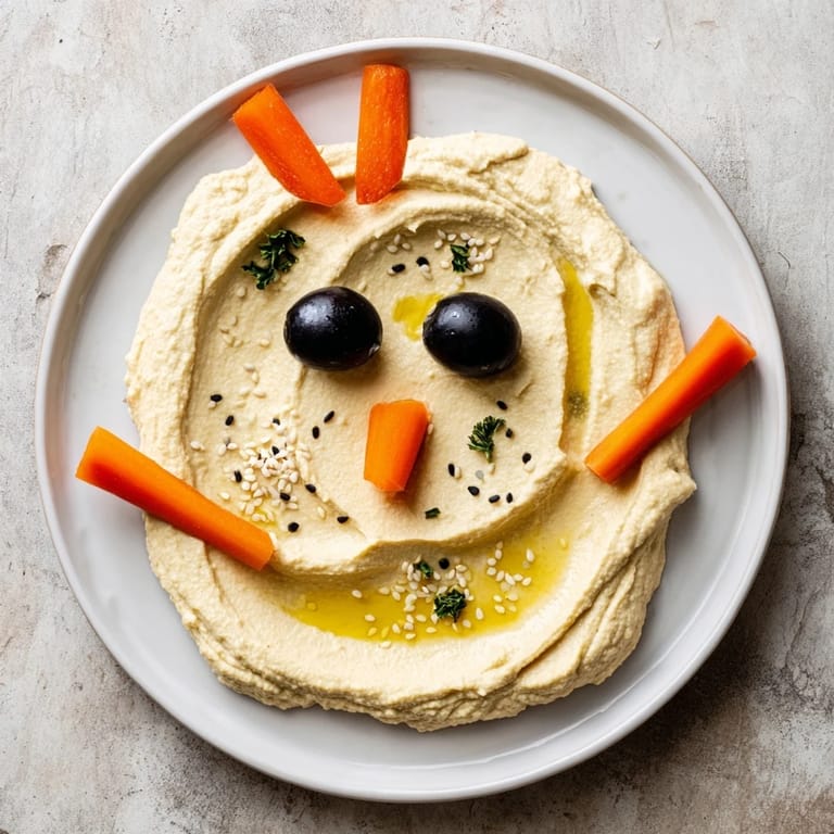 Creamy homemade hummus forms a fun Melted Snowman Platter, ready for holiday snacking.
