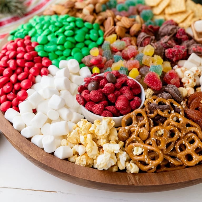 Vibrant Elf Snack Trail Mix Board arrangement with salty pretzels and sweet chocolate pieces, ready to enjoy.