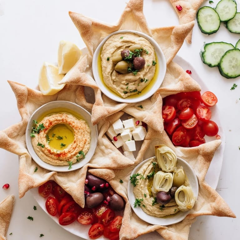 This delectable Three Kings Star Pita Board includes a variety of Mediterranean appetizers and fresh vegetable garnishes.