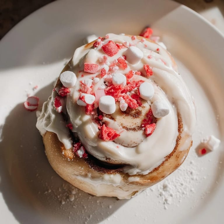 Golden-baked North Pole Cinnamon Rolls arranged artfully with peppermint and white chocolate chips look inviting.