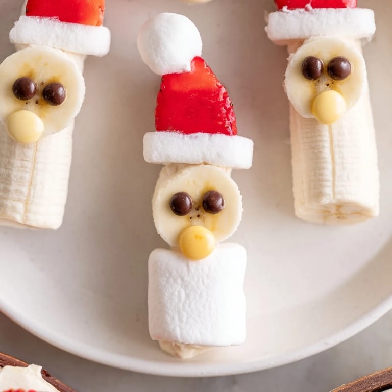 Delightful close-up image of the final Banana Santa Snack Sticks, showcasing colorful fruit and marshmallow faces.