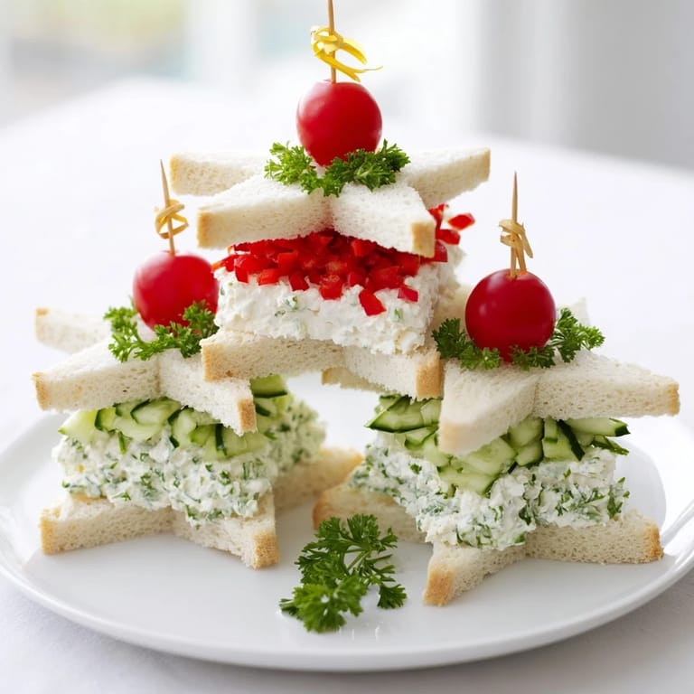 Bright, colorful Stacked Star Christmas Tree Sandwiches showcase star-shaped bread and fillings, providing a perfect holiday appetizer.