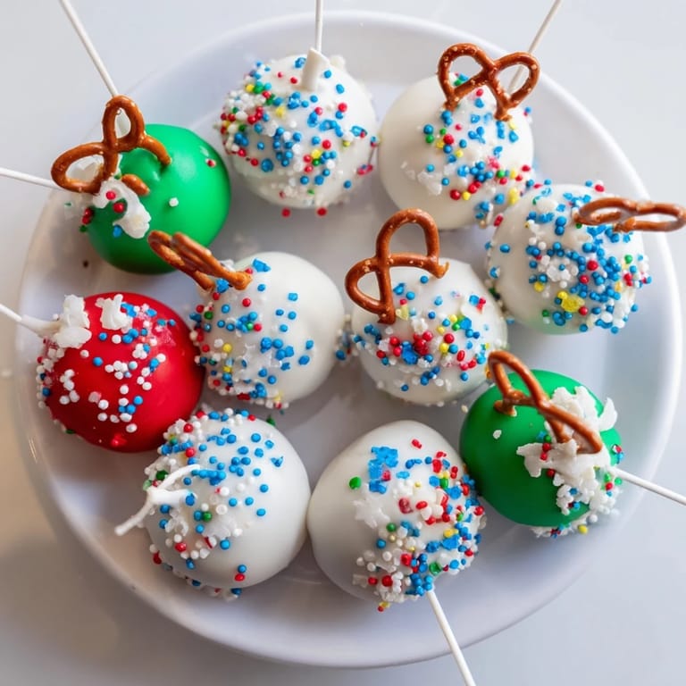 White-chocolate dipped ornament ball cake pops with edible glitter make a stunning dessert display.