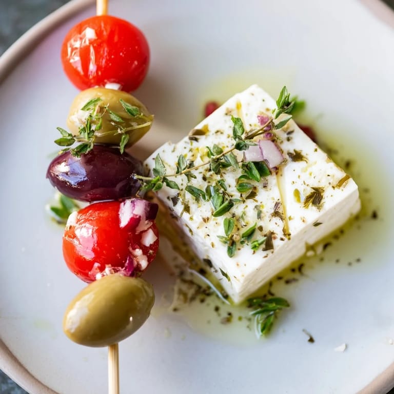 Vibrant photo of Holiday Cheers Olive and Feta Skewers: feta and olives with a drizzle of olive oil.
