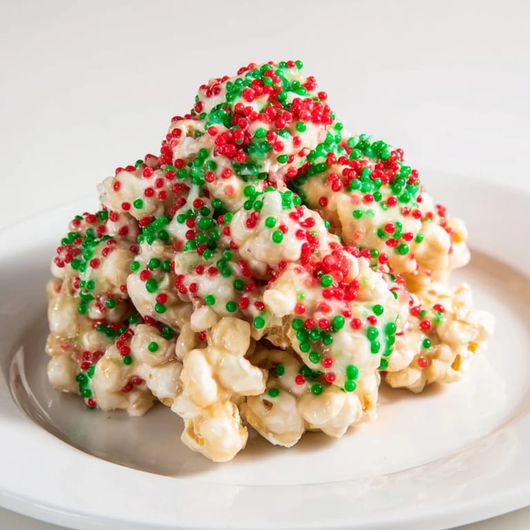 Festive popcorn piles with vibrant red and green sprinkles, a sweet snack ready in minutes.