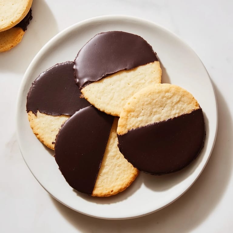Golden-edged simple cookies: vanilla wafers, half-dipped in melted chocolate, ready to enjoy this dessert.