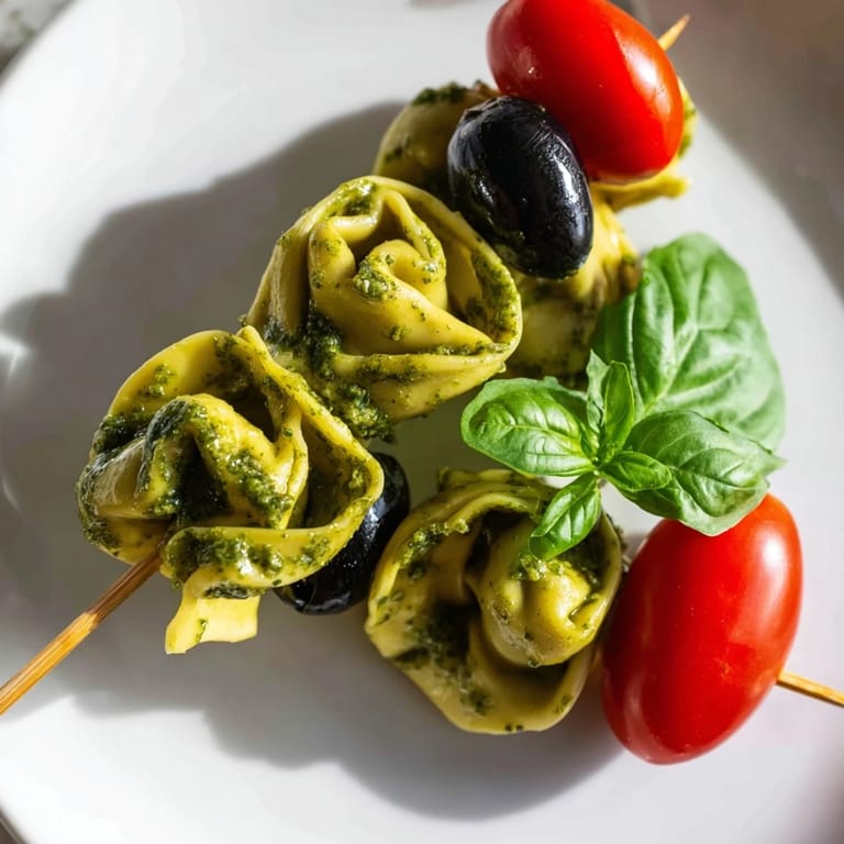 Tender tortellini, vibrant pesto, and briny olives make up these Italian-inspired Appetizer Skewers, ready to serve.