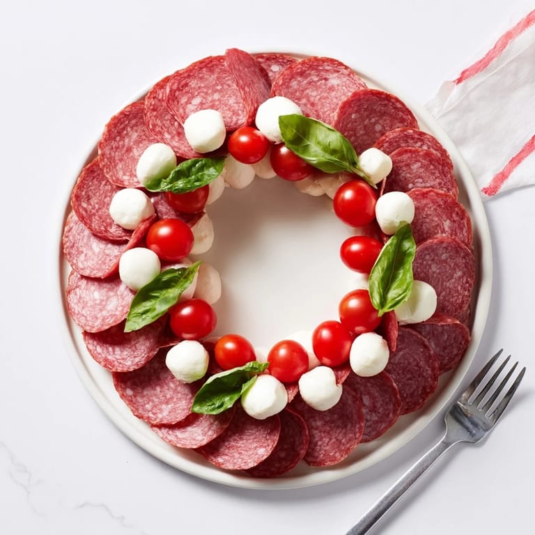 A close-up of a festive Folded Salami Wreath, ready to be enjoyed with crackers and delicious flavors.
