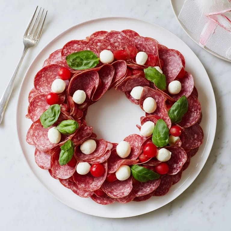 Showcasing a gluten-free Folded Salami Wreath, a simple appetizer perfect for holiday charcuterie boards.