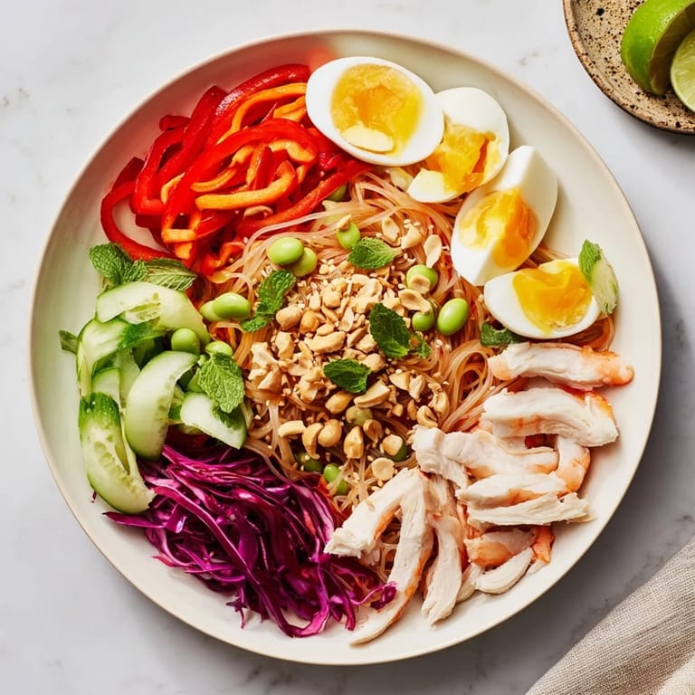 A beautifully arranged Asian Fusion Noodle Bowl Board, filled with noodles, protein, and a variety of fresh components.
