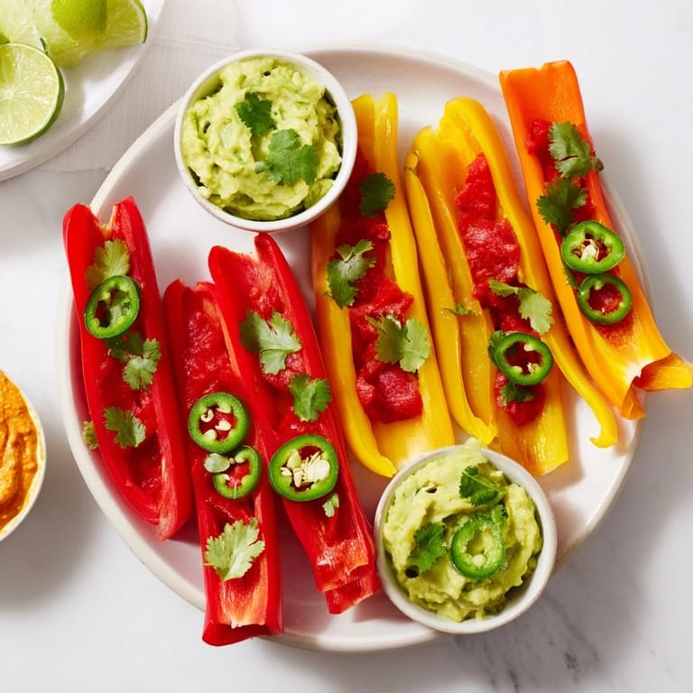 A close-up of a delightful Spicy Chili Pepper Fiesta showing pepper strips and assorted dips for dipping.