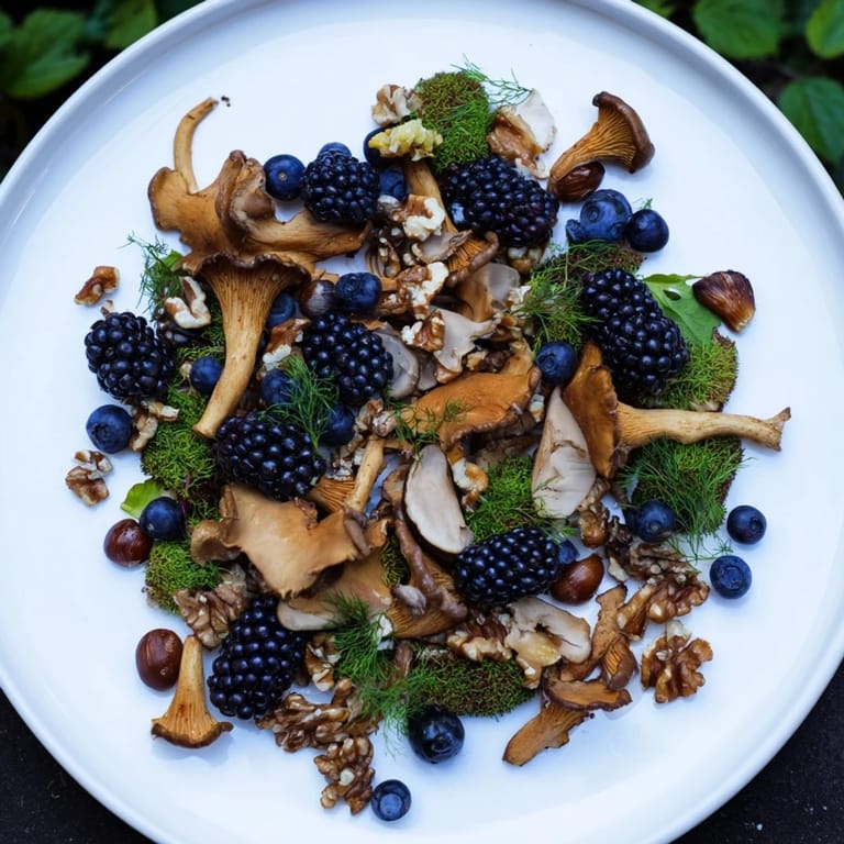 Earthy mushrooms nestle on a plate with toasted nuts and berries in this beautiful Northwest Forest Forager.