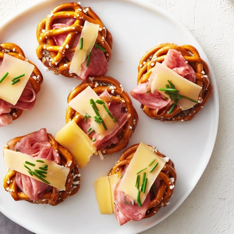 Crispy pretzel lattice creating The Lattice Window over layers of salami, prosciutto, and sharp cheddar.
