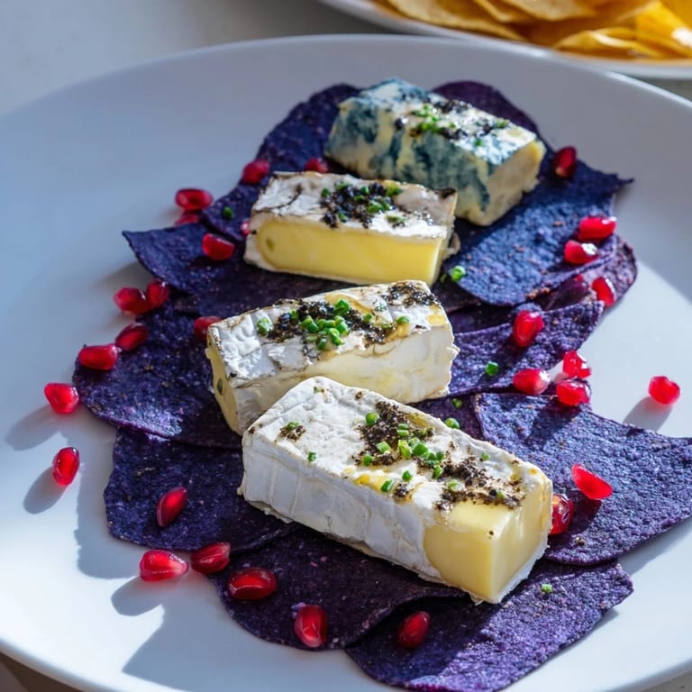 Delectable The Stepping Stones, a party-ready platter: creamy cheese "stepping stones" on blue chips.