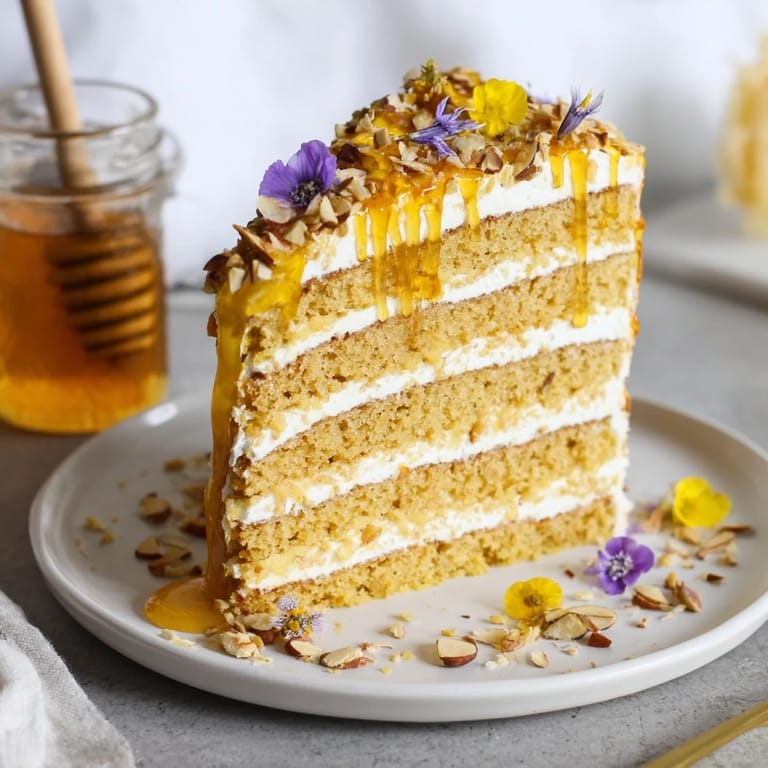 Golden layers of the Honey-Drip cake surround a pot of glistening, flowing honey, ready to be enjoyed.