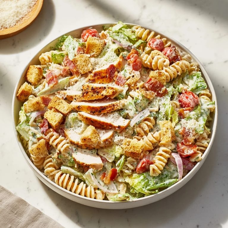 Creamy Chicken Caesar Pasta Salad, vividly showing rotini, fresh romaine, and shaved parmesan.