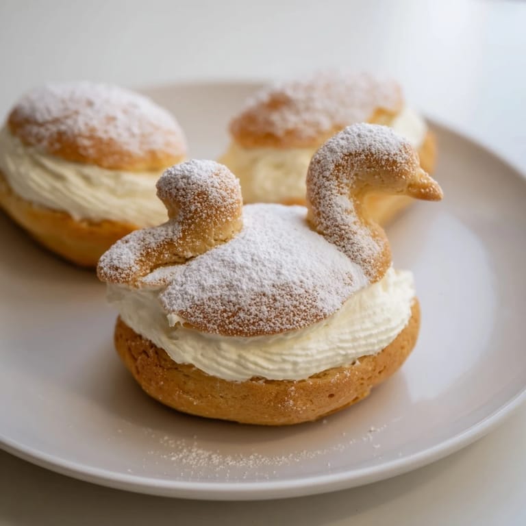 Golden-baked Elegant Swan Mini Pastries with piped choux pastry bodies, airy wings, and a vanilla cream center.