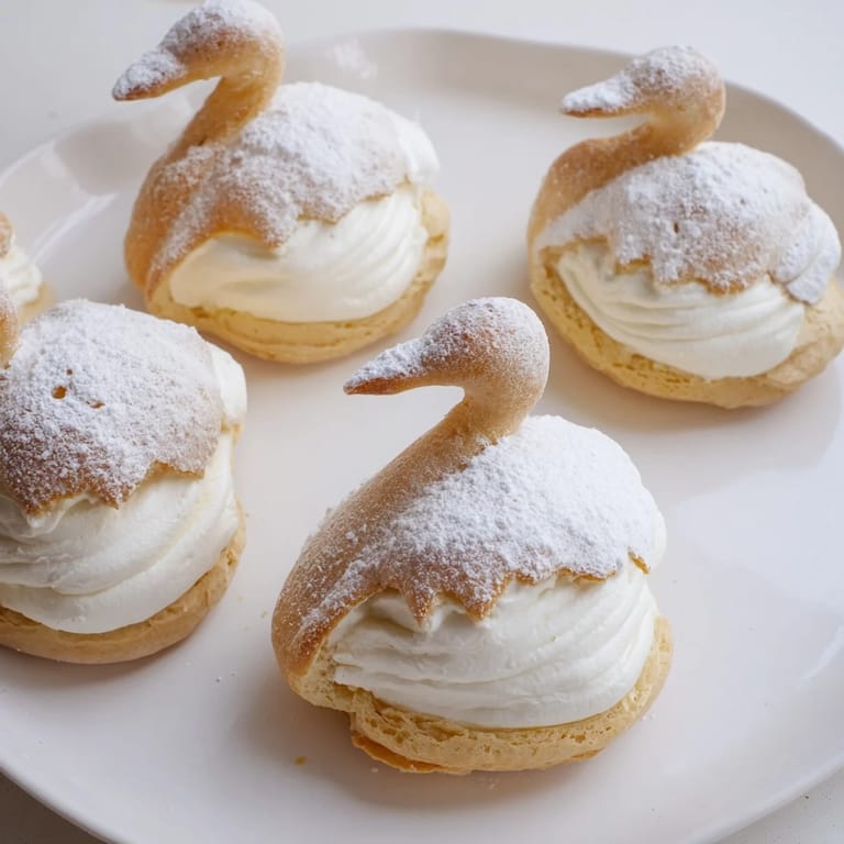 These charming Elegant Swan Mini Pastries have a dusting of snow-like sugar and airy golden choux pastry.