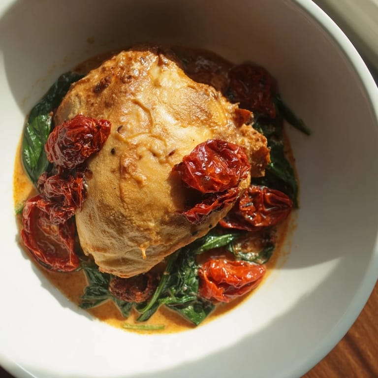 Mouthwatering view of Creamy Sun-Dried Tomato Chicken Skillet, ready to enjoy with a side of crusty bread.