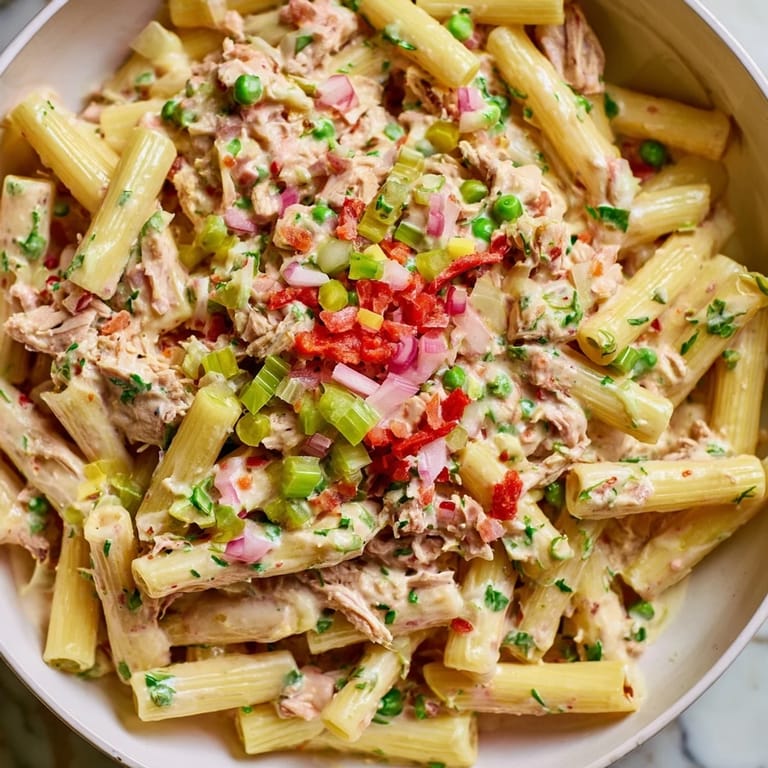 A bowl of Southern-style Chicken Macaroni Holiday Salad, showcasing a tangy, creamy dressing.