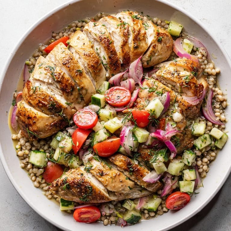 A colorful close-up of the delicious Dense Bean Salad with Lemon-Dill Chicken, ready to eat.