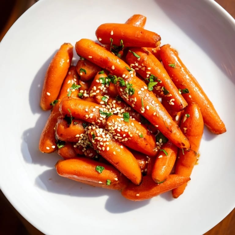 Close-up of golden honey soy roasted carrots, showcasing a delicious vegetarian side recipe.