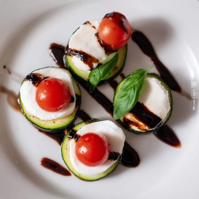 Savory zucchini Caprese bites with melted mozzarella, fragrant basil, and juicy, red cherry tomatoes.