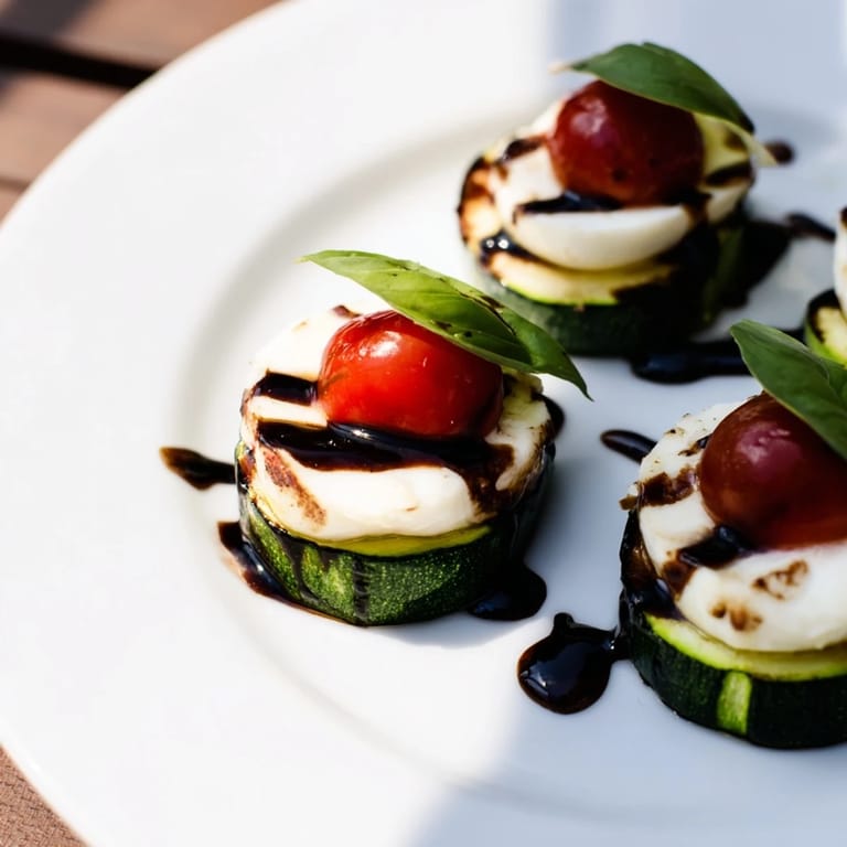 Freshly baked zucchini Caprese bites showcasing creamy mozzarella, topped with halved cherry tomatoes and fresh basil.