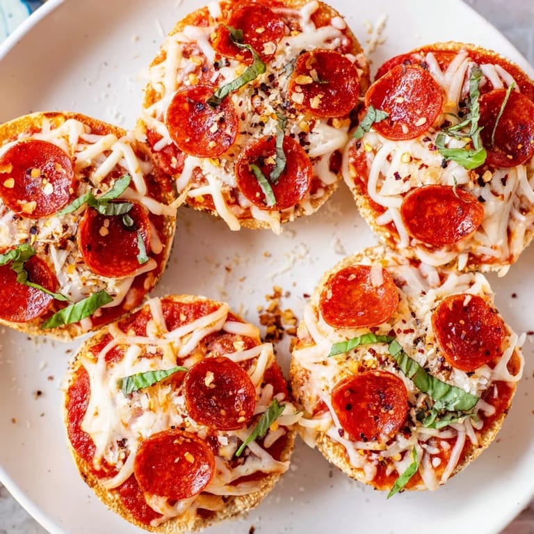 Cheesy Mini Pepperoni Pizza Bagels served on a plate, the savory aroma is so inviting.
