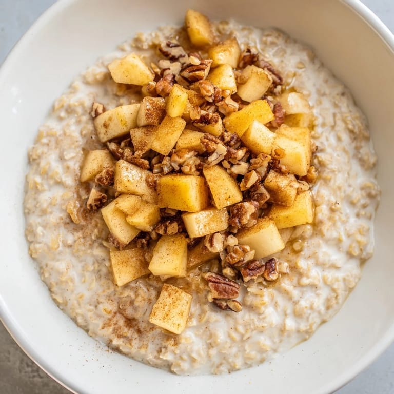 Hearty apple pie oatmeal bowl boasts cinnamon-spiced cooked apples atop a nourishing, creamy breakfast.
