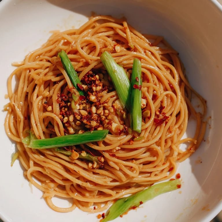 Close-up of perfectly coated Garlic Chili Oil Noodles, offering a comforting, spicy aroma for dinner.