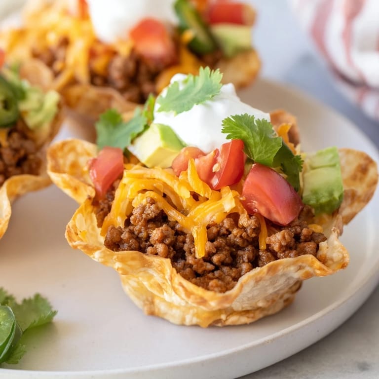 A close-up of baked mini taco cups, layered with seasoned beef and melted cheese, perfect appetizer.