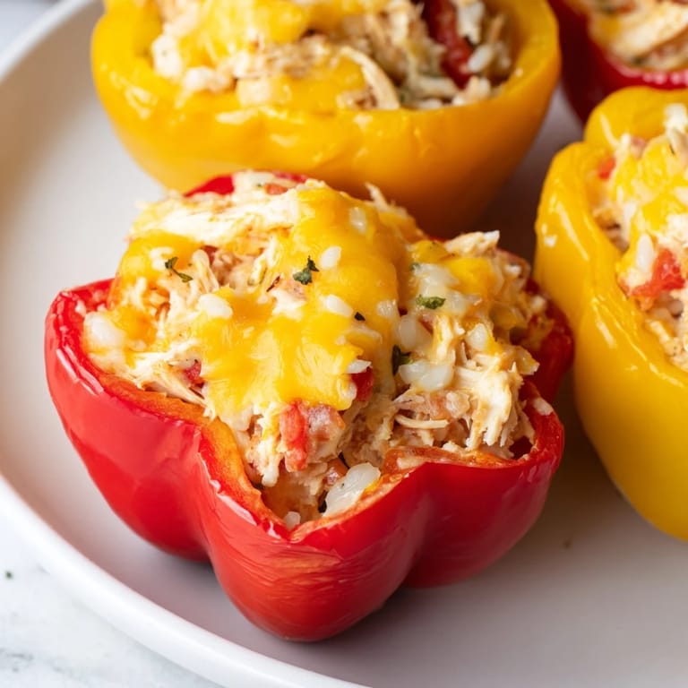 A close-up of cheesy, savory Cheesy Chicken Stuffed Peppers, brimming with delicious chicken and rice filling.