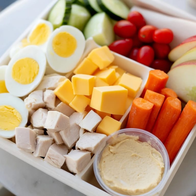 A delicious Protein Snack Box with sliced chicken, cheddar cheese, and crunchy apple slices, ideal for meal prep.