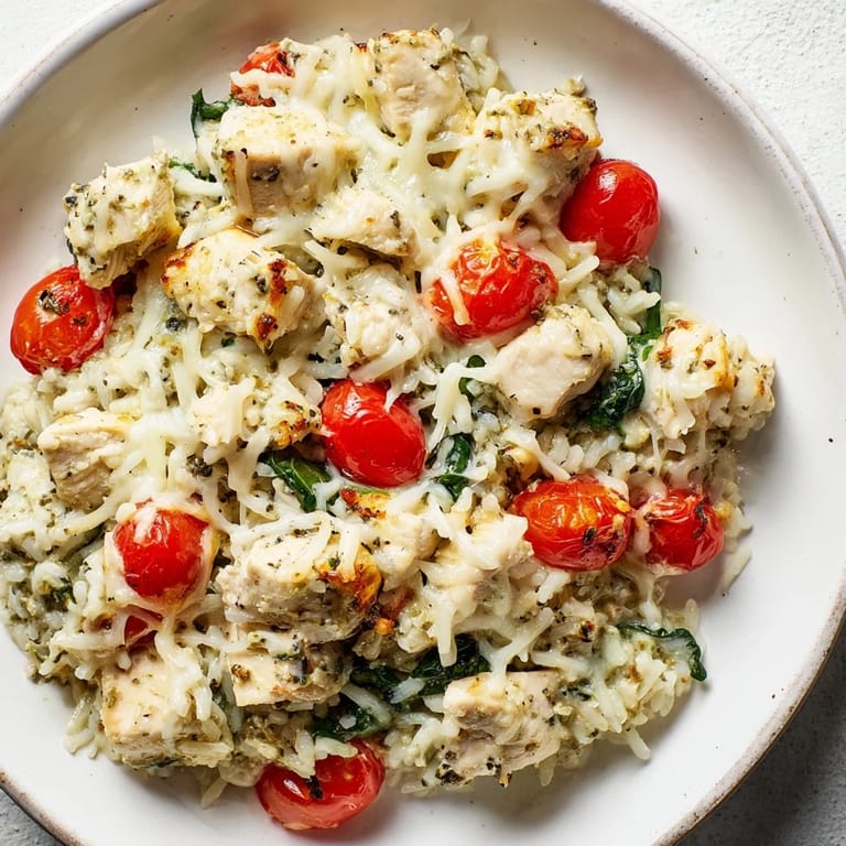A close-up of a cheesy Chicken Pesto Rice Bake studded with tomatoes and tender chicken pieces, ready to be served.