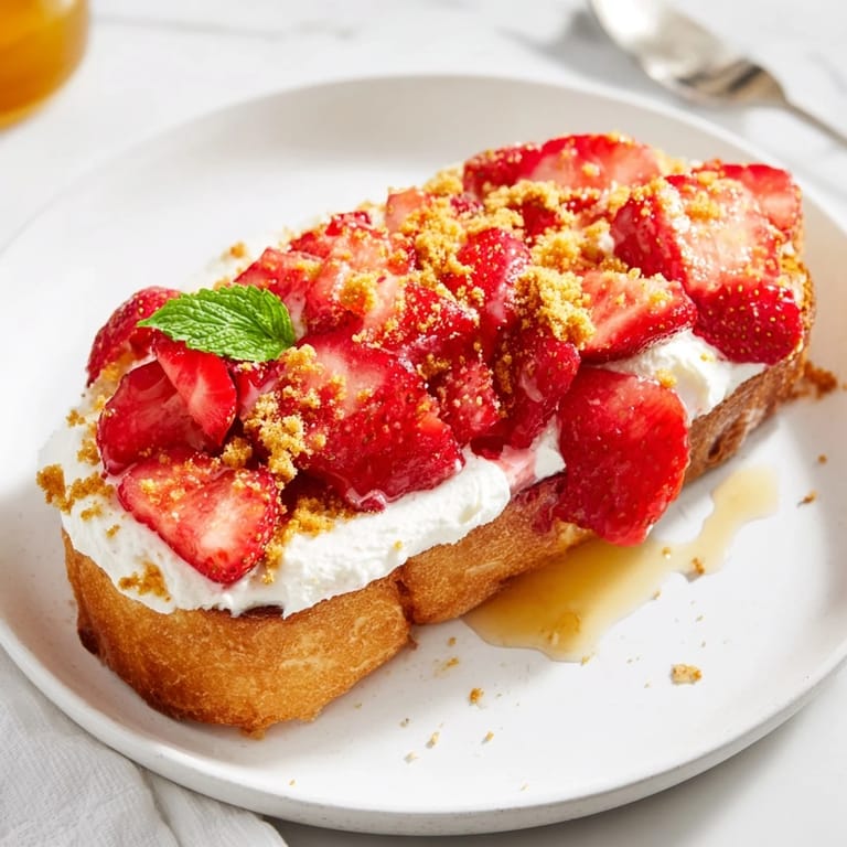 Golden, toasted bread piled high with vibrant red strawberries and a sweet cream cheese layer, it's Strawberry Cheesecake Toast!
