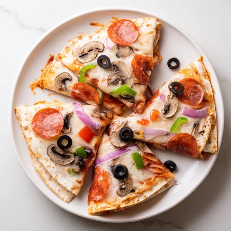 Golden-brown tortilla pizza wrap, filled with gooey cheese and vibrant veggie toppings.