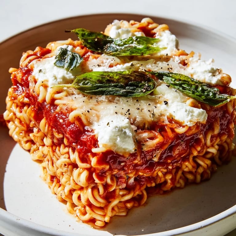 Homemade Ramen Lasagna, a budget-friendly meal with gooey cheese and inviting, savory aromas.