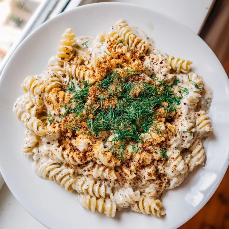 A vibrant bowl of Turkish Yogurt Pasta, showing the rich spiced-butter sauce being drizzled on top.