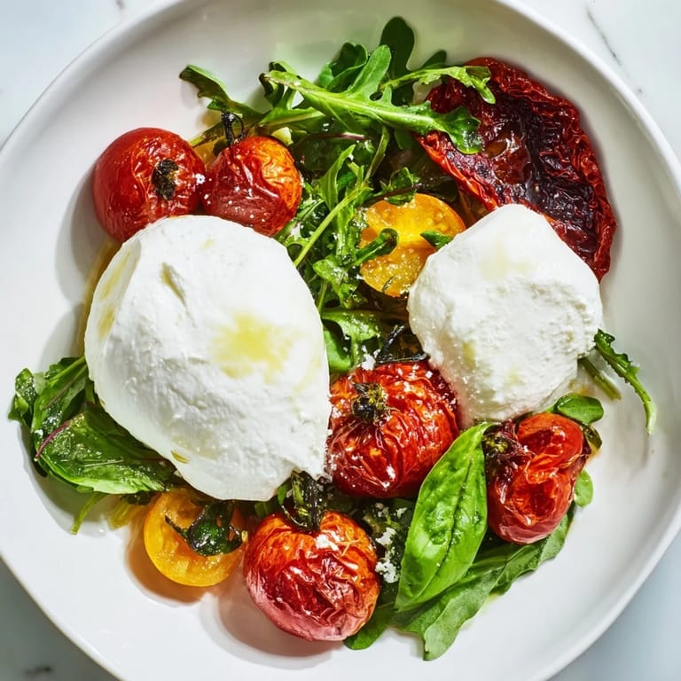 Fresh and flavorful Tomato Flight Salad, with creamy burrata, perfect for a summer lunch.