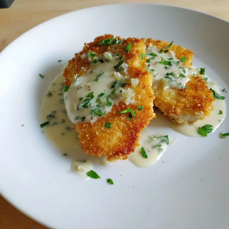 This photo features succulent crispy chicken with garlic cream sauce, drizzled over tender chicken breasts.