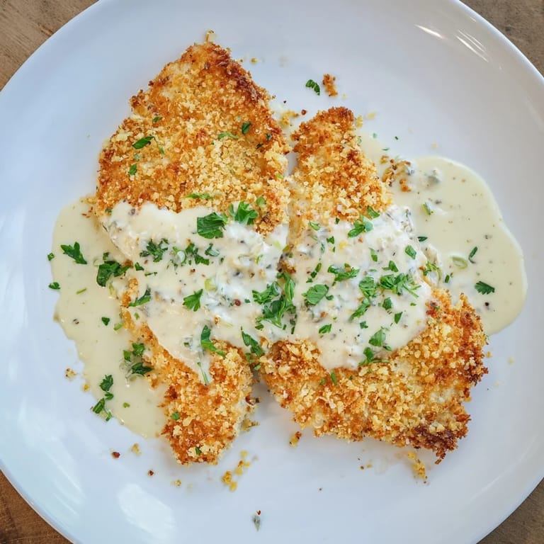 A beautiful close-up of crispy chicken with garlic cream sauce showcasing golden, perfectly-fried chicken.