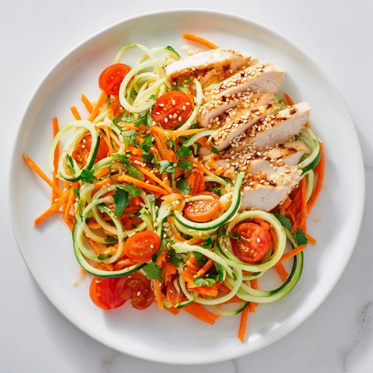 Bright, colorful protein cucumber salad with sliced chicken, ready to be enjoyed as a refreshing lunch.