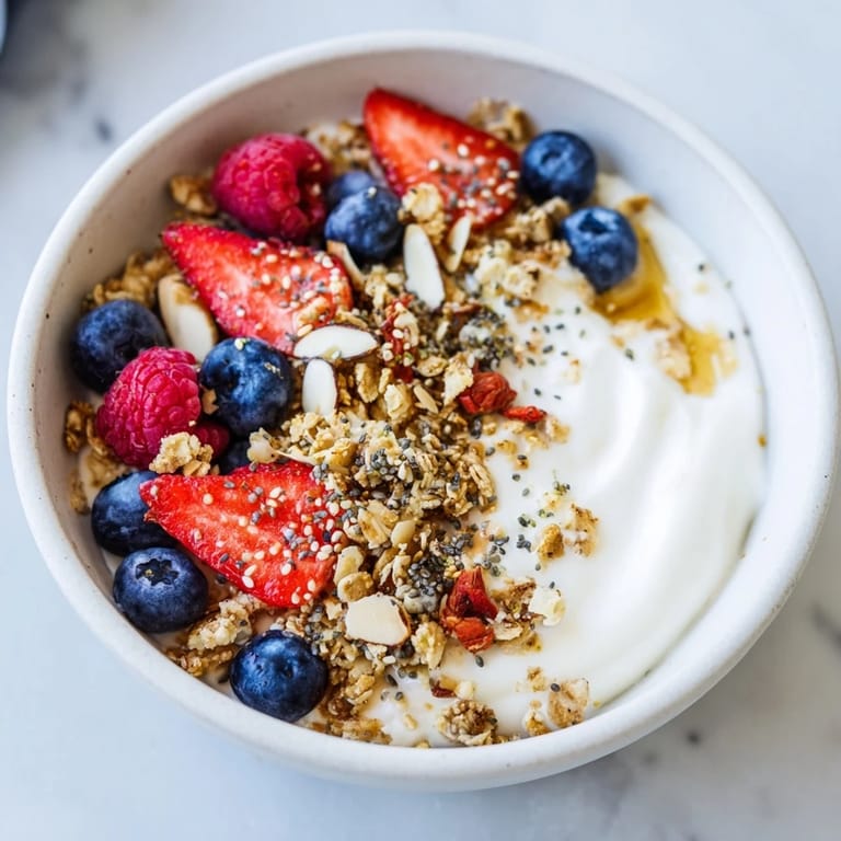 A vibrant Dry Yogurt Bowl showcasing a swirl of yogurt, crunchy granola and colorful, juicy berries.