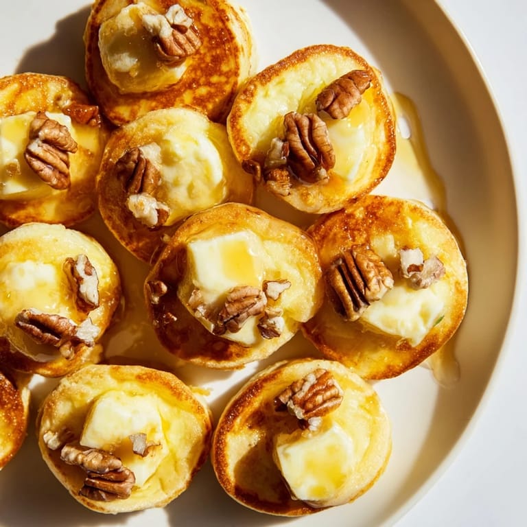 Warm, creamy brie oozes from fluffy, baked Pancake Brie Bites, perfect for a brunch spread.