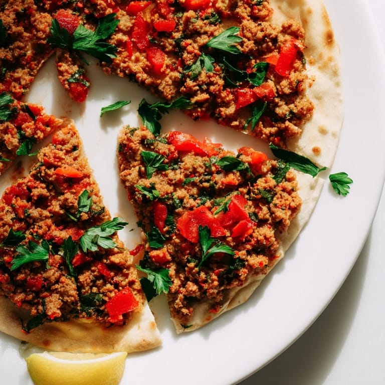 Golden-crusted Turkish Lahmacun flatbread topped with flavorful minced meat and vibrant vegetables, ready to eat.