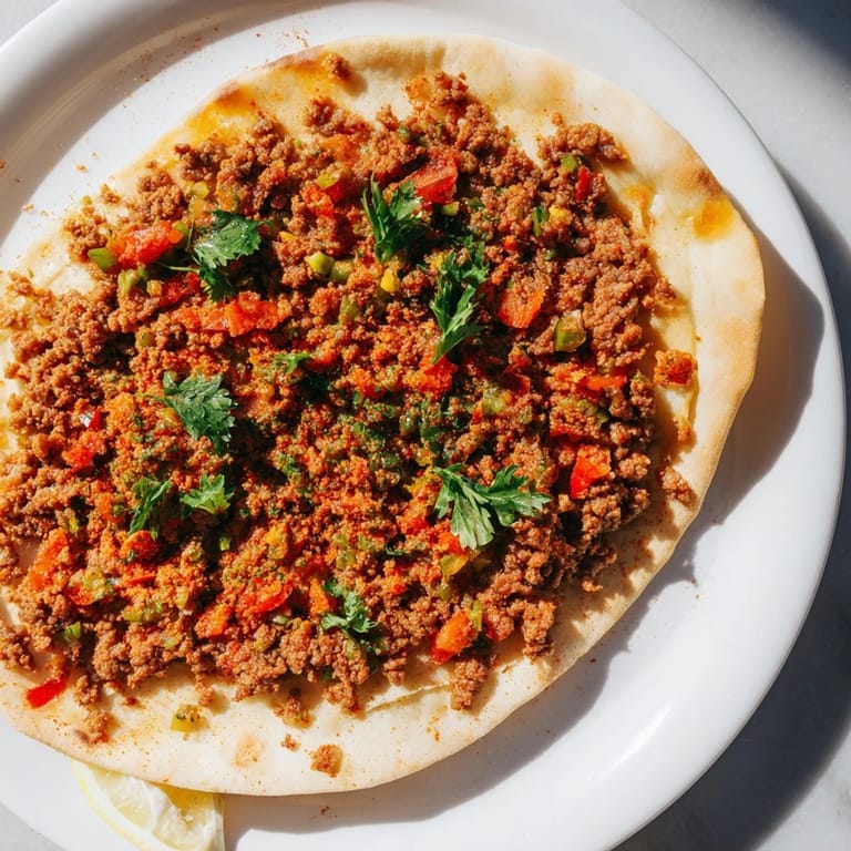 Close-up of a delicious Turkish Lahmacun, a thin flatbread with savory meat, perfect for sharing.