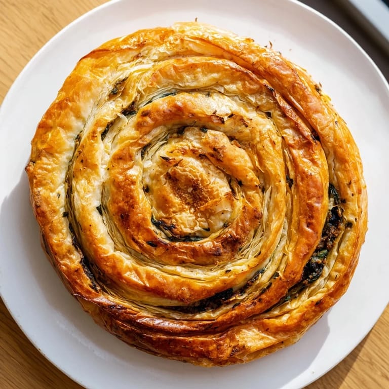 Crispy-edged Bosnian Burek, a comforting Balkan pastry with a flavorful beef and spinach filling inside.
