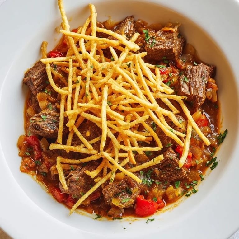 Golden-brown, crispy potato strips topping a simmering, savory Czech Goulash Potato dish.